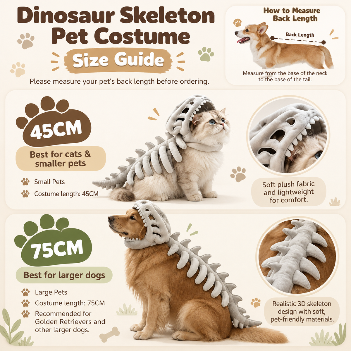 Dinosaur Skeleton Pet Costume size guide for 45CM and 75CM