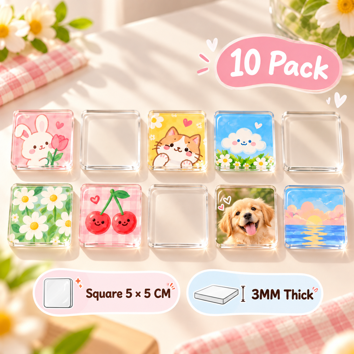Vanadaily DIY acrylic fridge magnet square 5x5cm 10 pack 3mm thick