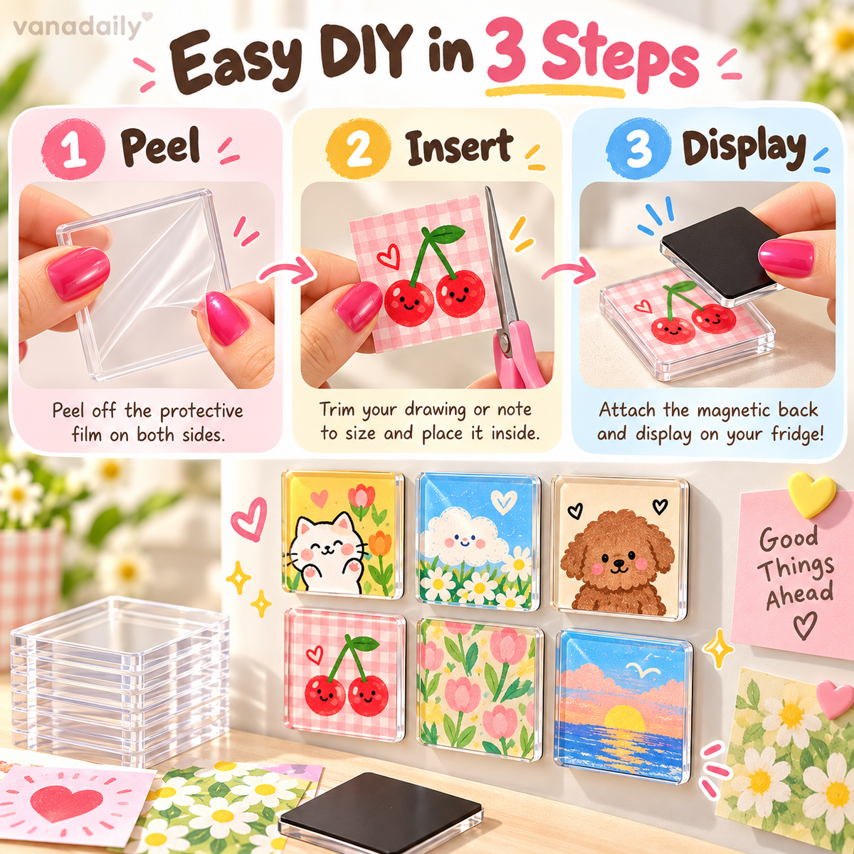 Vanadaily DIY fridge magnet three-step assembly guide