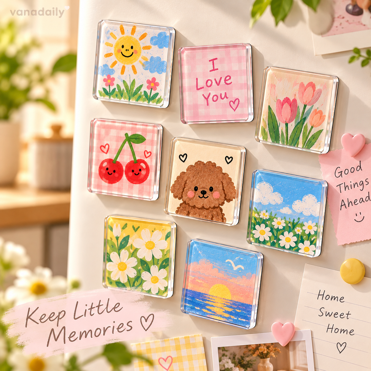 Vanadaily DIY acrylic fridge magnets displaying handwritten notes and original drawings