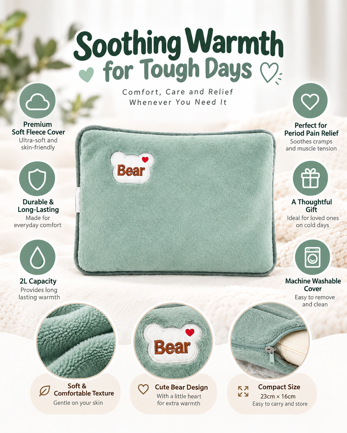 Plush heat pack soothing warmth infographic